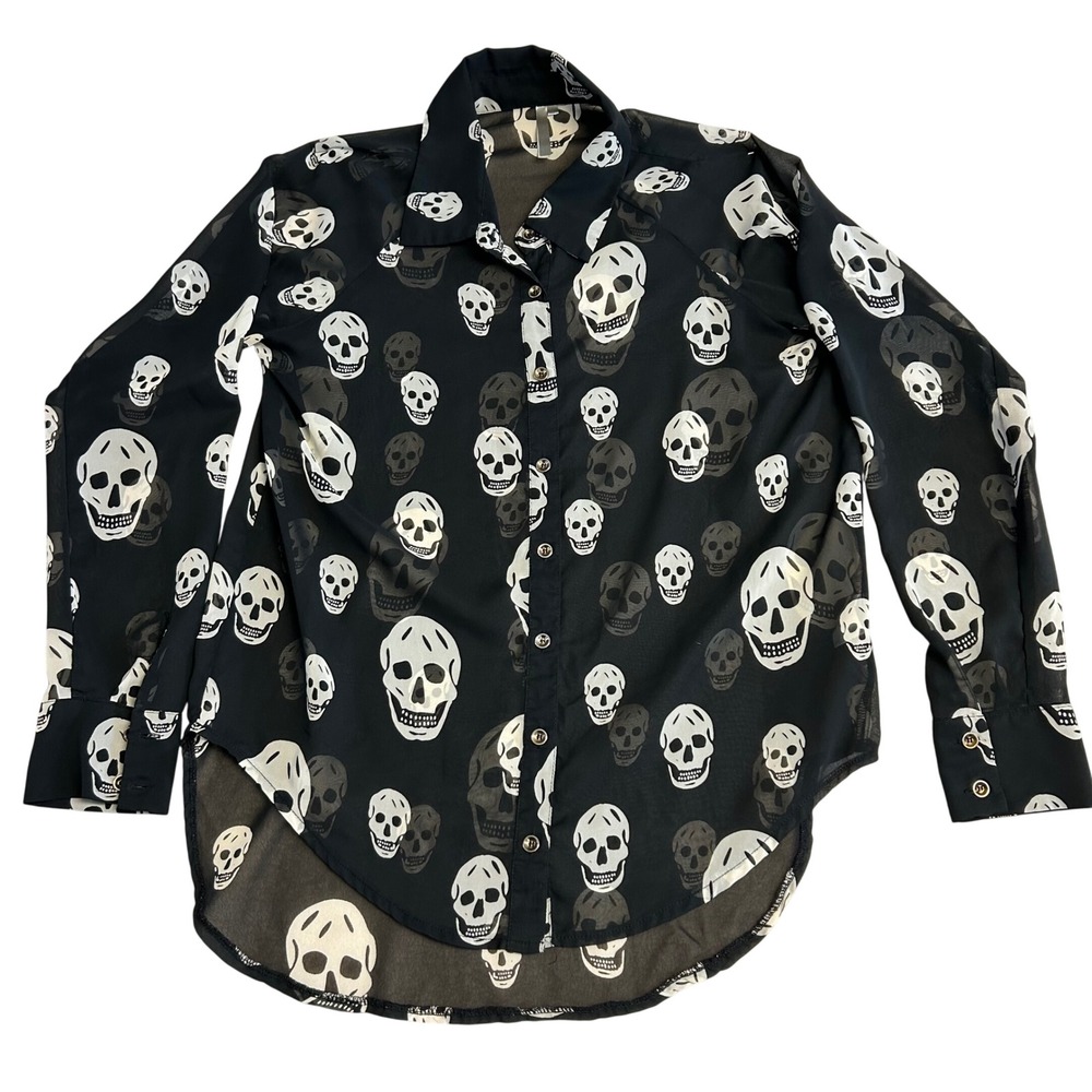 Womens Large Sheer Skull High Low Button Down Blouse Black Gothic Chiffon Shirt